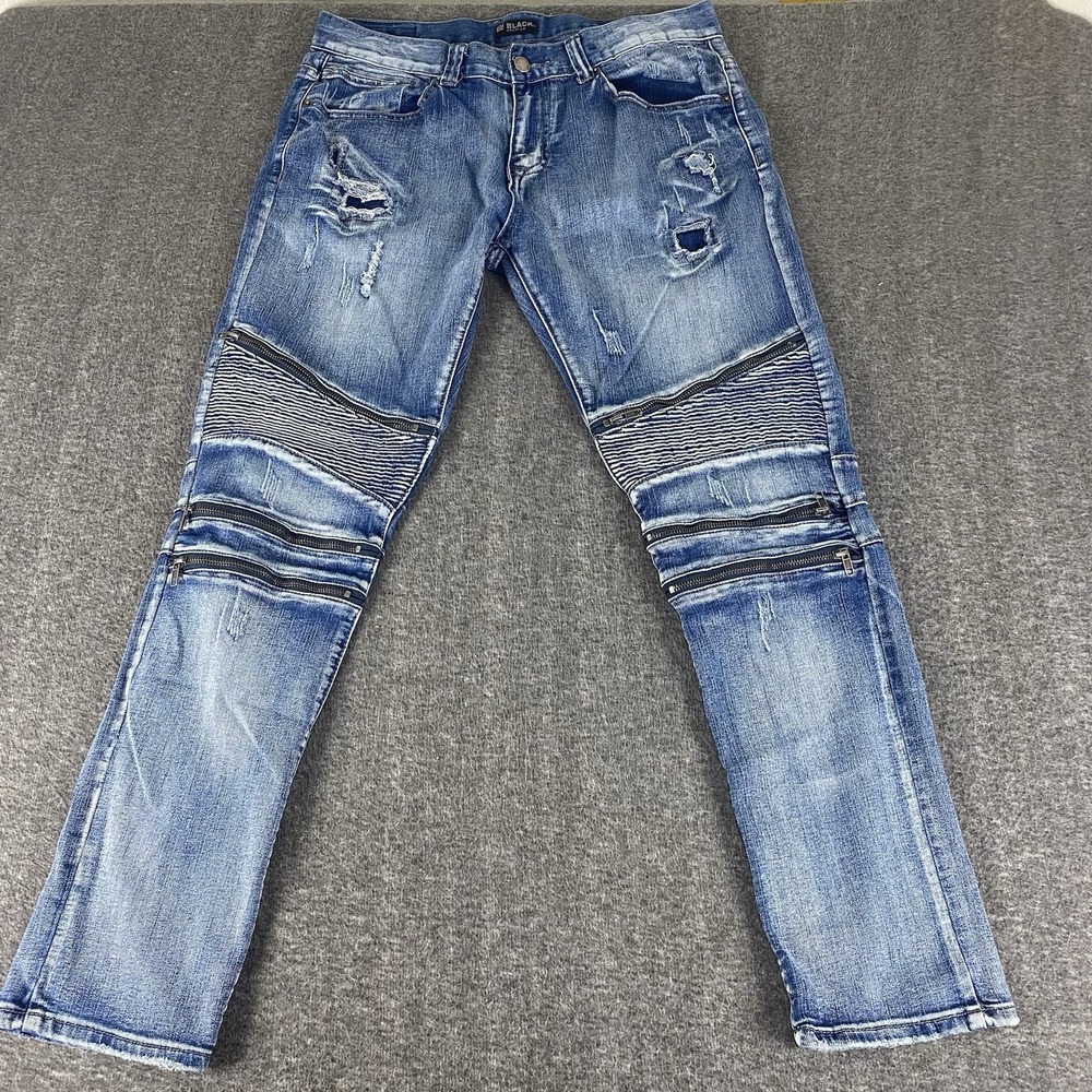 CJ Black Premium Skinny Flex Jeans Distressed Moto Zipper Mens 34x32